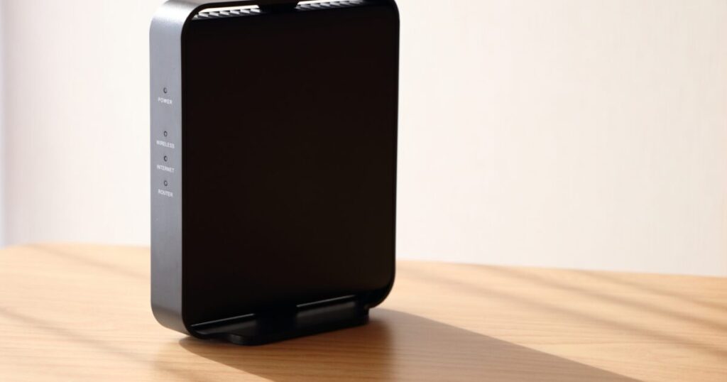 木製デスクの上に置かれた黒い無線ルーター